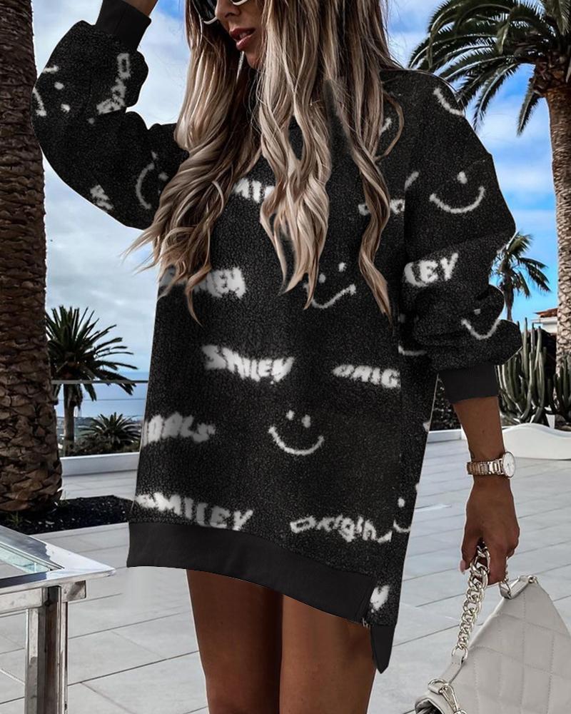 

Letter Print Long Sleeve Sweatshirt Dress, Black