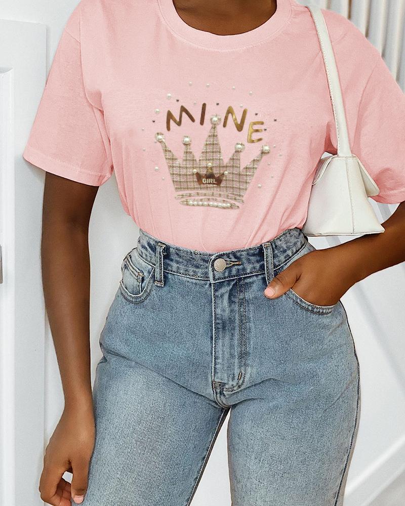 

Beaded Crown Pattern Casual T-shirt, Pink