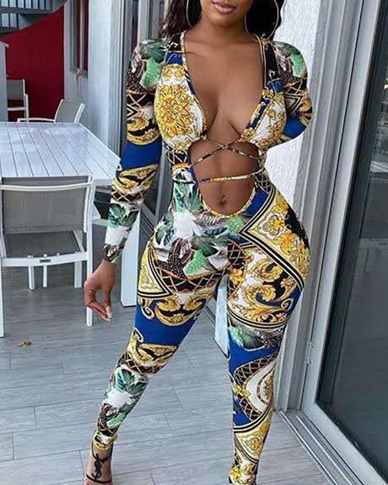 

Plunge Long Sleeve Scarf Print Cutout Lace-up Jumpsuit, Blue