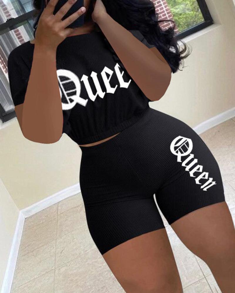 

Letter Queen Embroidery Crop Top & High Waist Shorts Set, Black