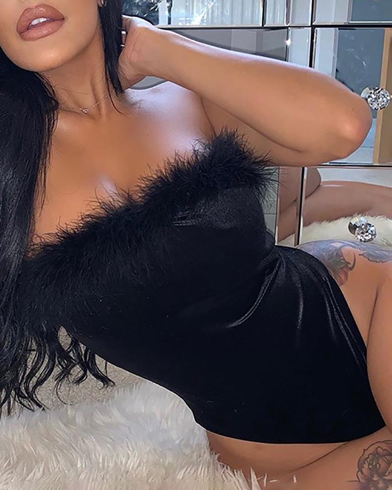 

Bandeau Feather Decor Sleeveless Teddy, Black