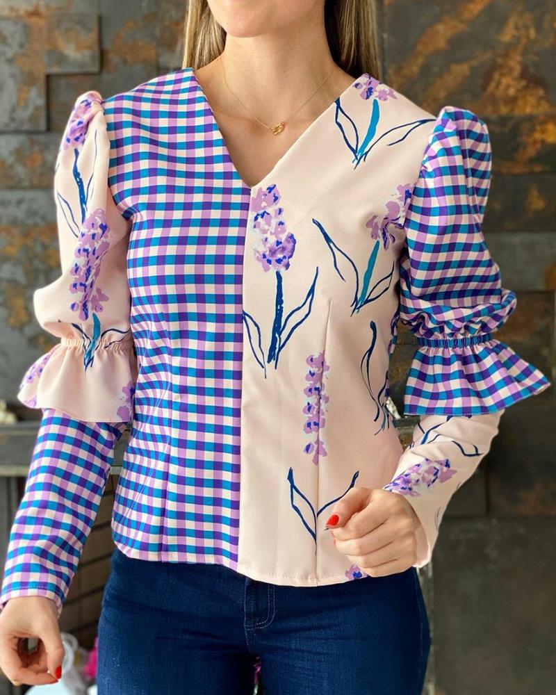 Plaid Floral Contrast V-Neck Flounce Sleeve Top