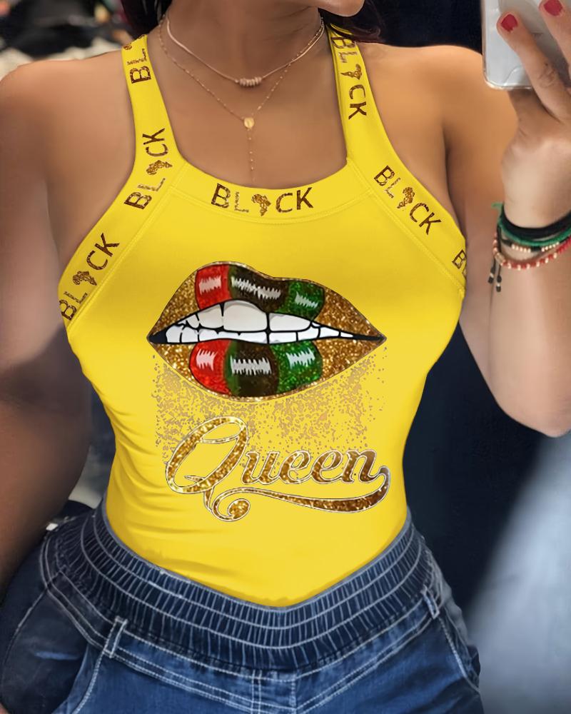 

Camiseta de tirantes con decoración de lazo con estampado de letras de labios, Yellow