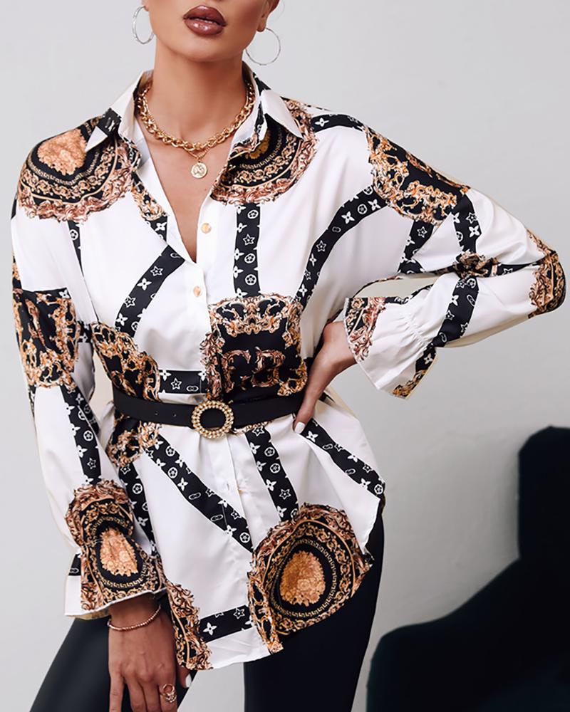 

Baroque Print Button Front Long Sleeve Shirt, White