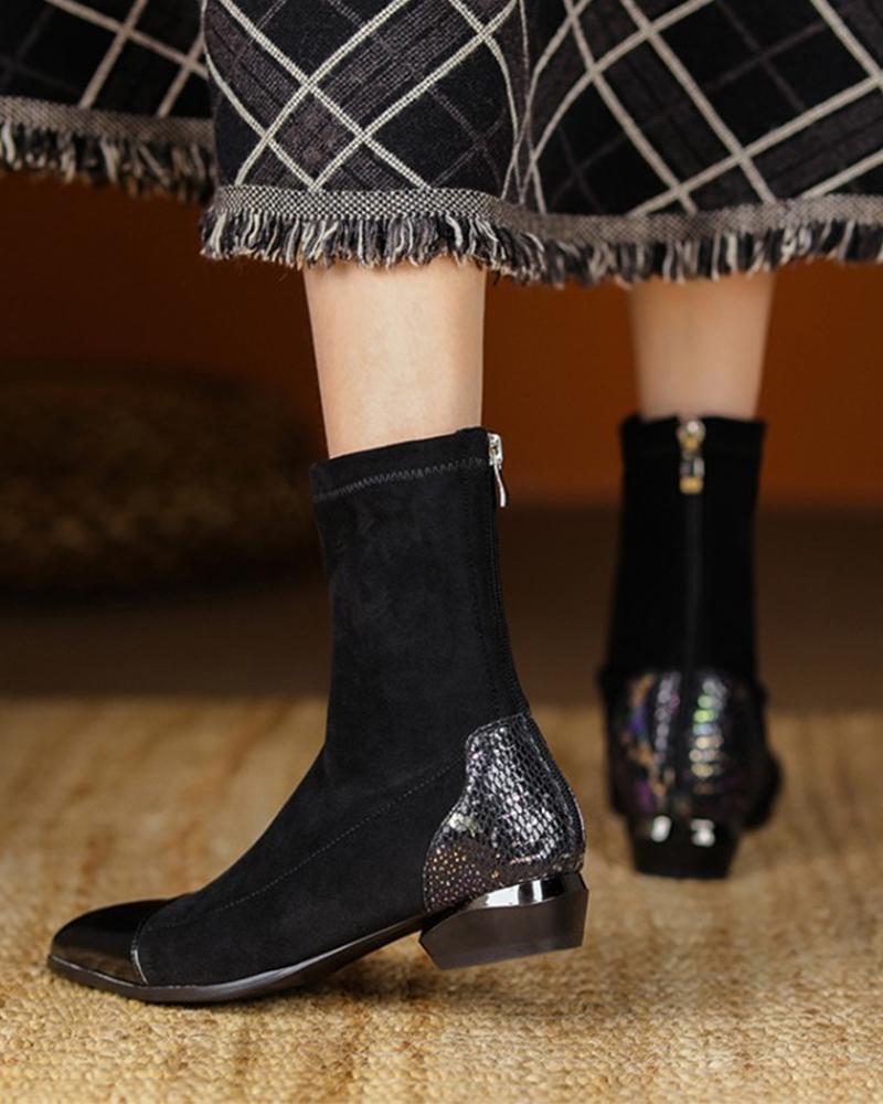 

Round-toe Splicing Lacquered Leather Boots, Black