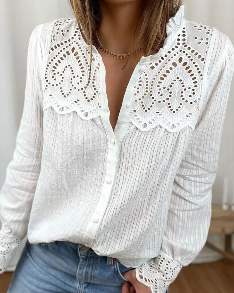 

Contrast Guipure Lace Button Front Long Sleeve Top, White