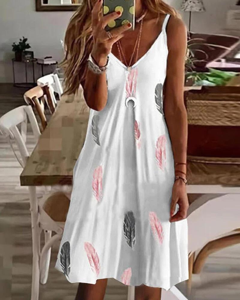 

Feather Print V-Neck Casual Dress, White