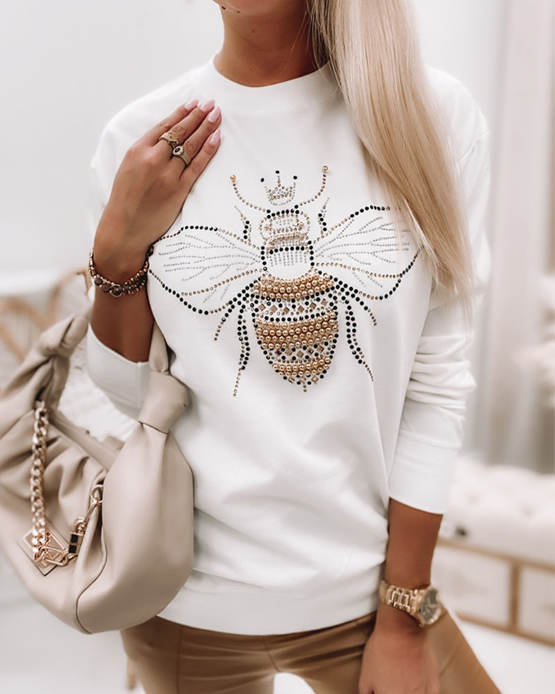 

Rhinestone Bee Pattern Long Sleeve Top, White