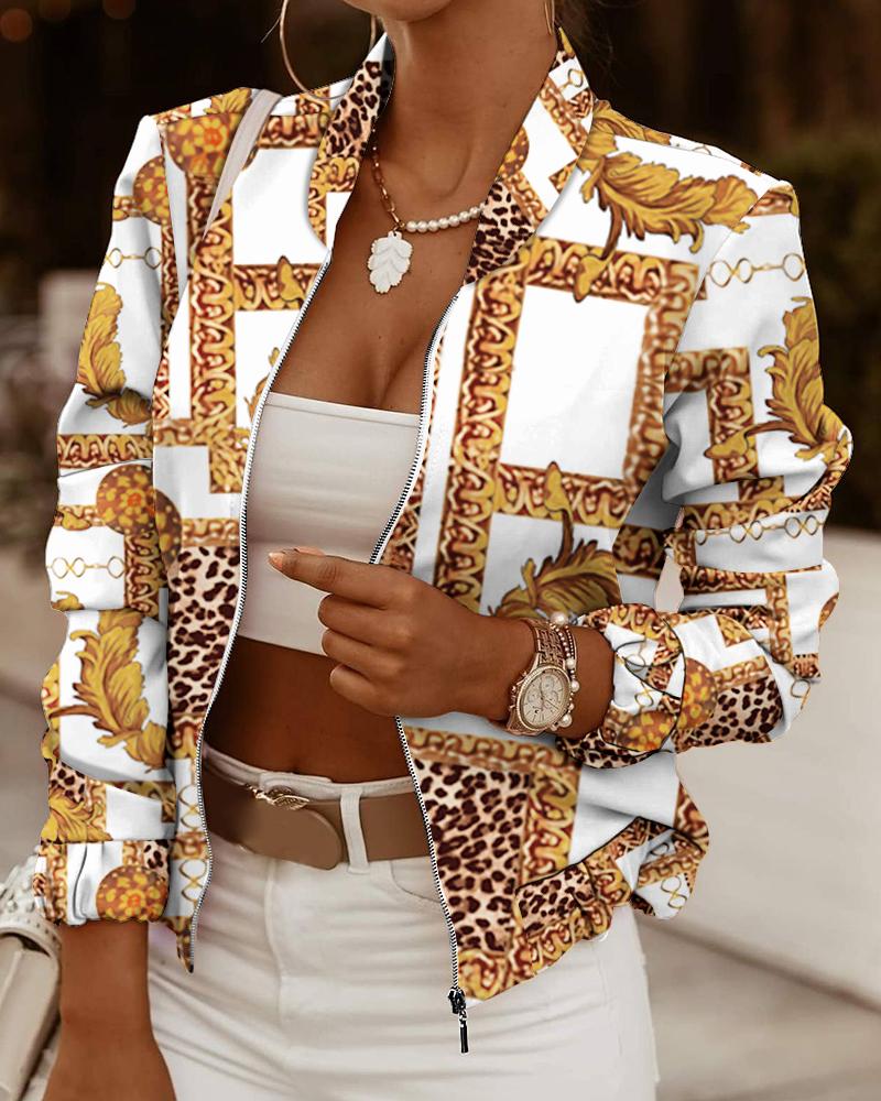 

Scarf Print Long Sleeve Zip Up Jacket, Yellow