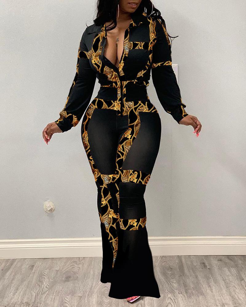 

Cheetah / Baroque Print Long Sleeve Top & Bootcut Pants Set, Gold