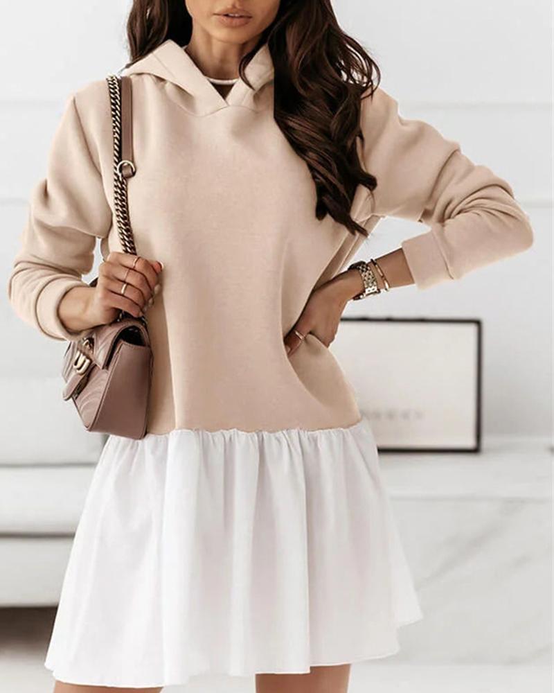 

Colorblock Long Sleeve Hooded Sweatshirt Dress, Khaki
