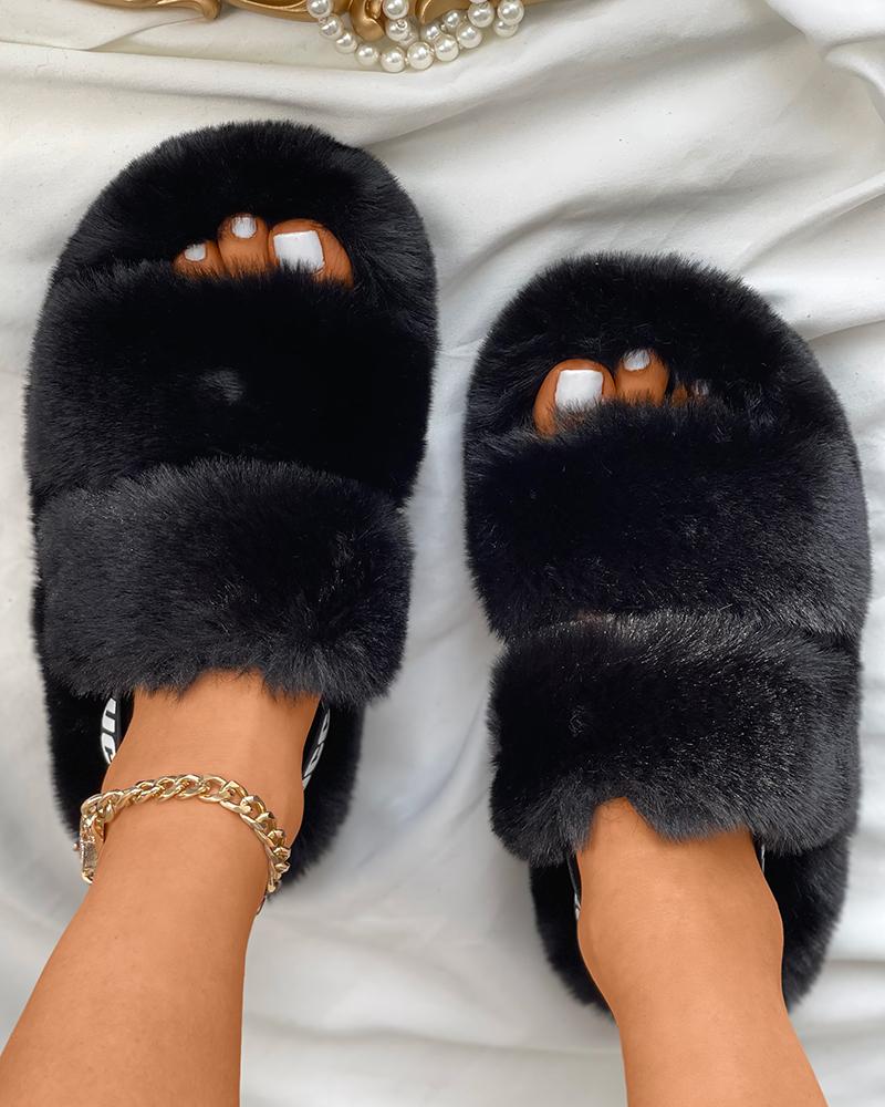 

Letter Print Strap Peep Toe Fluffy Slippers, Black