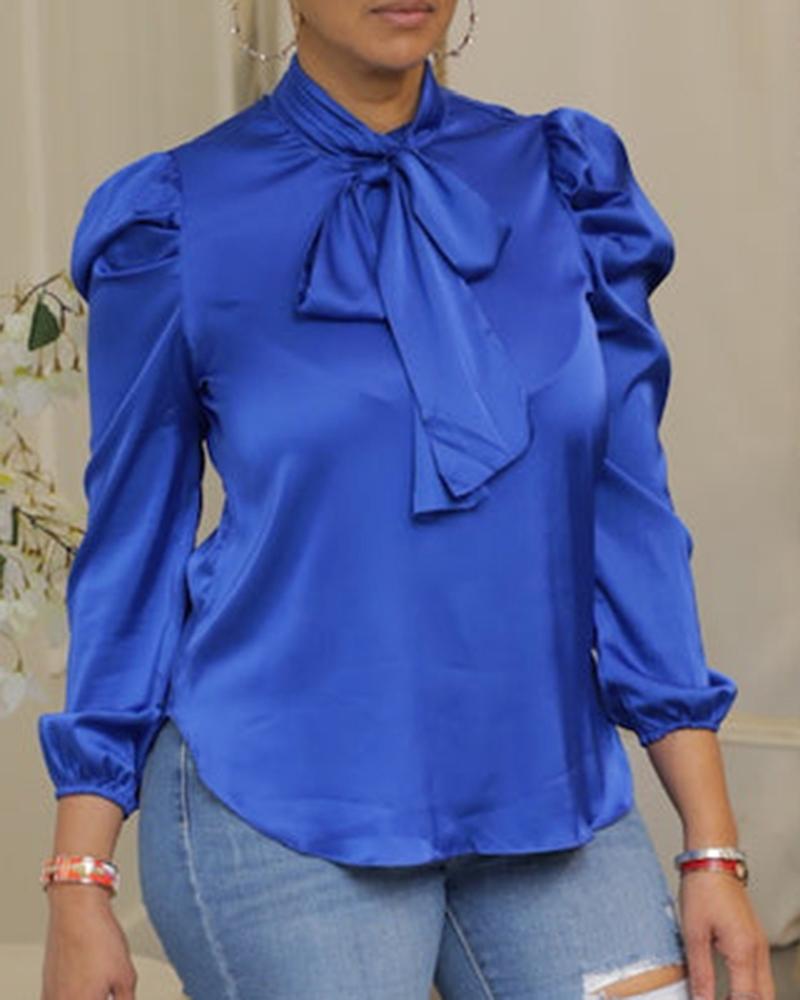 

Tie Detail Puff Sleeve Top, Blue