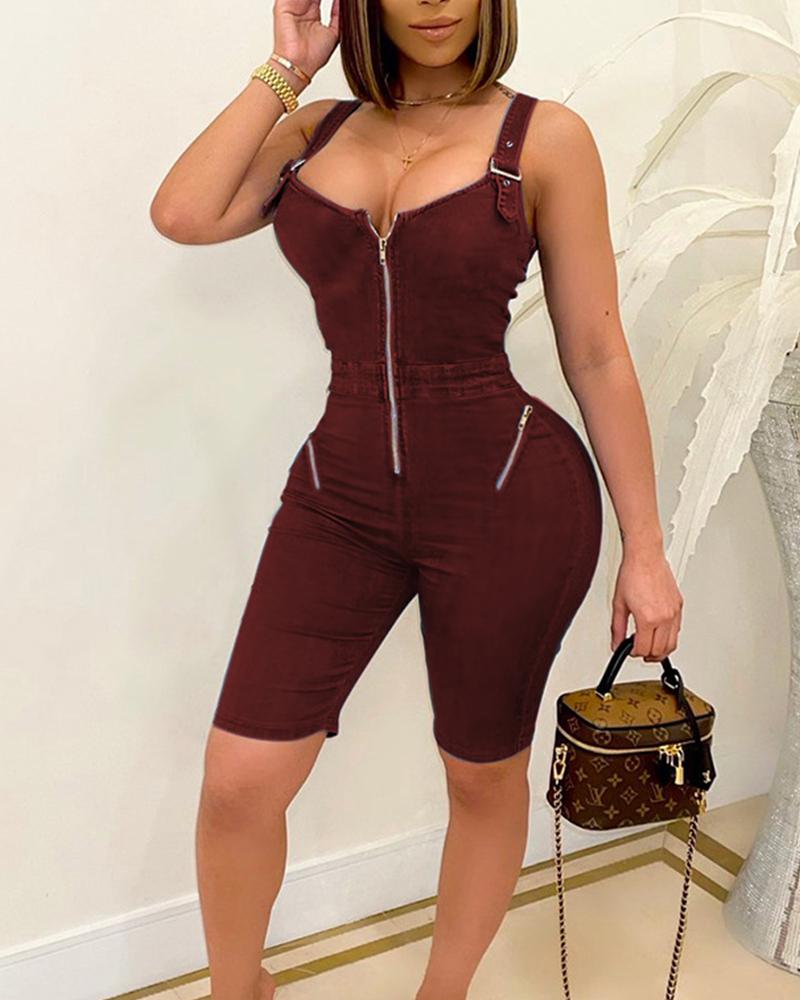 

Solid Color Splicing Zipper Sleeveless Rompers, Wine red