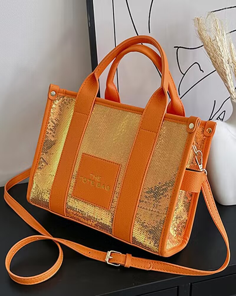 

Trendy Large Capacity Sequin Top Handle Tote Bag, Orange