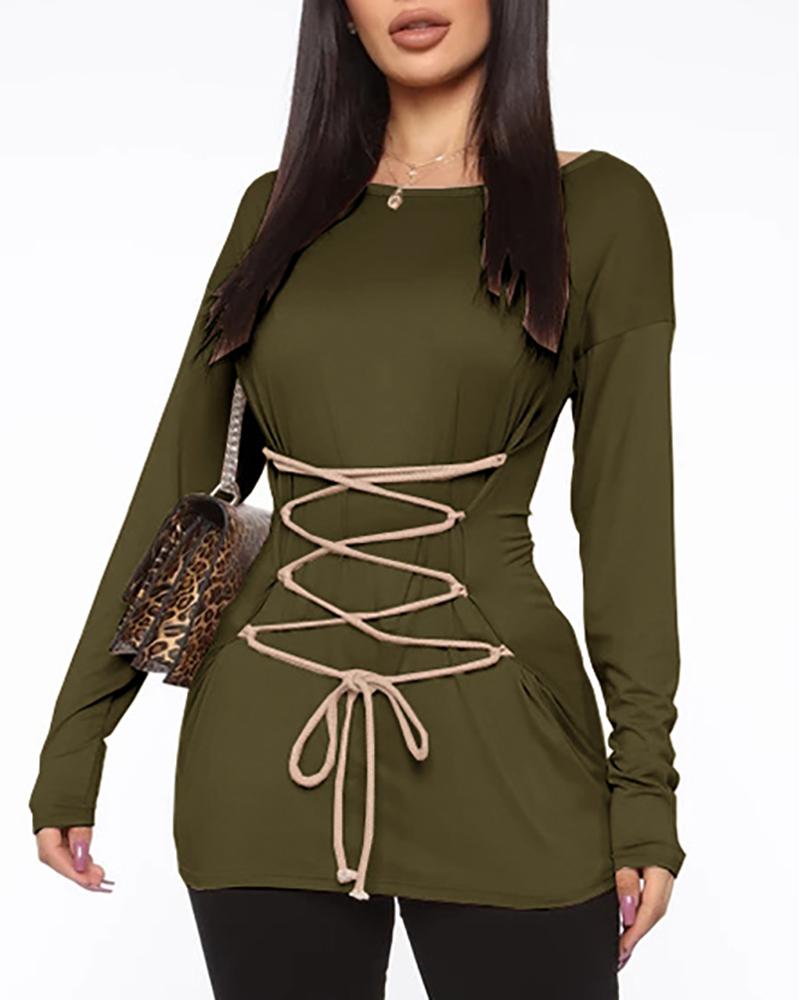 

Long Sleeve Lace-up Round Neck Top, Green