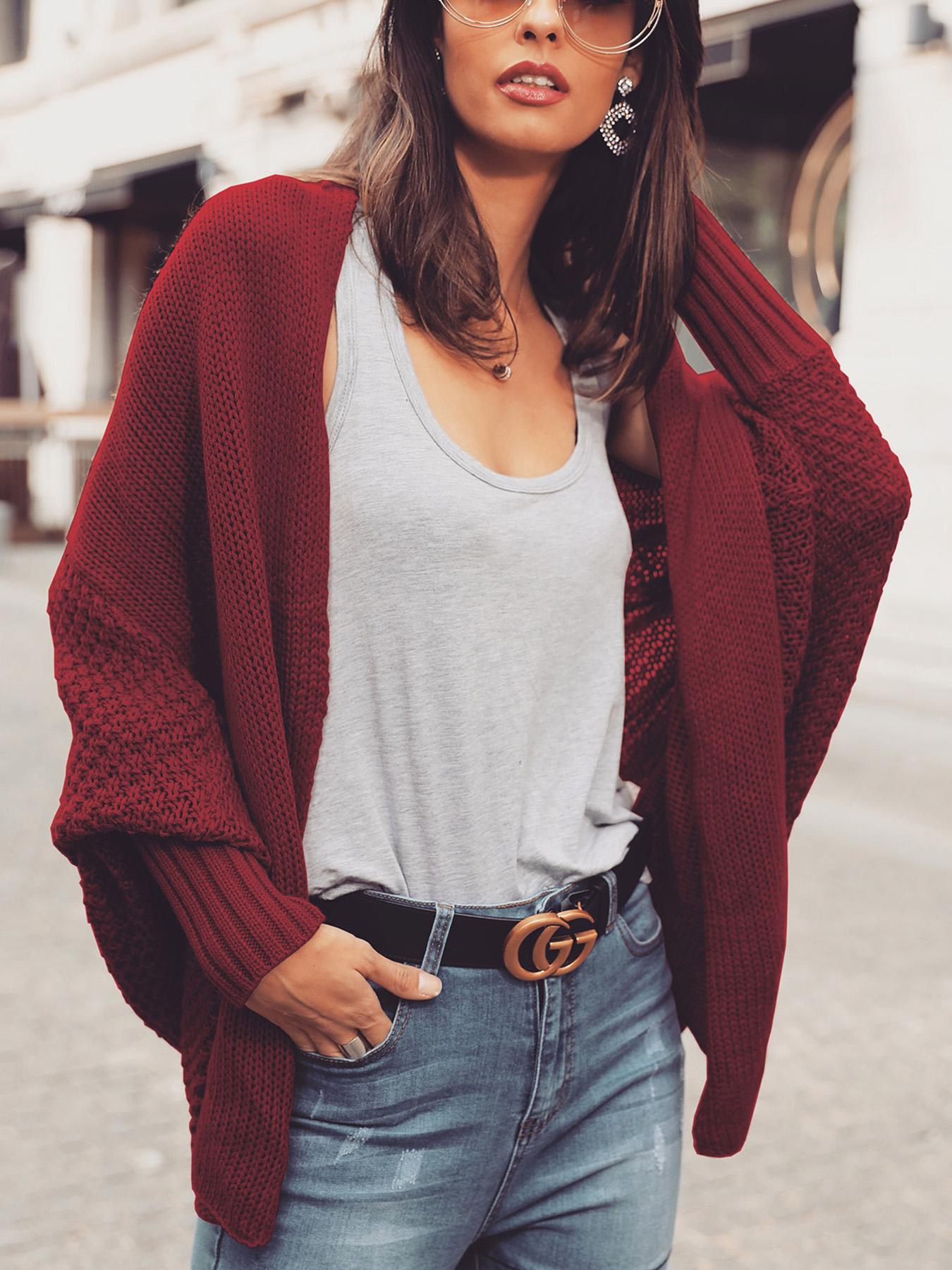 

Solid Bat-Wing Sleeve Casual Cardigans, Red
