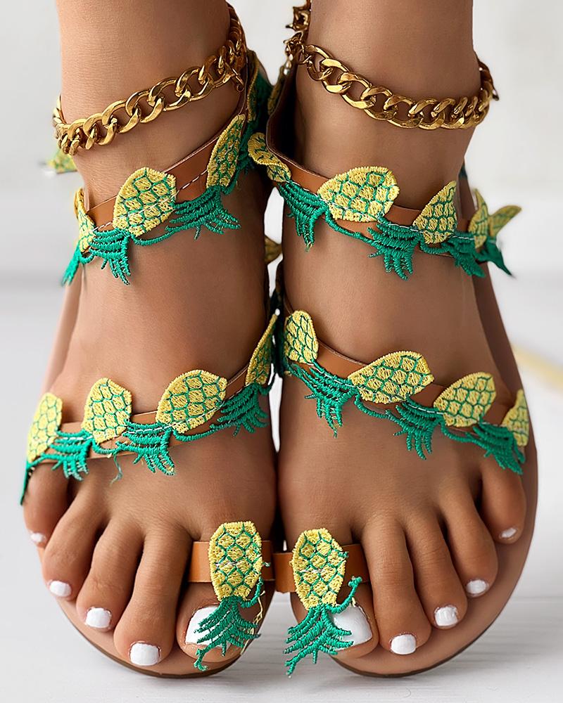 

Fruit Pattern Toe Ring Summer Beach Sandals, Yellow