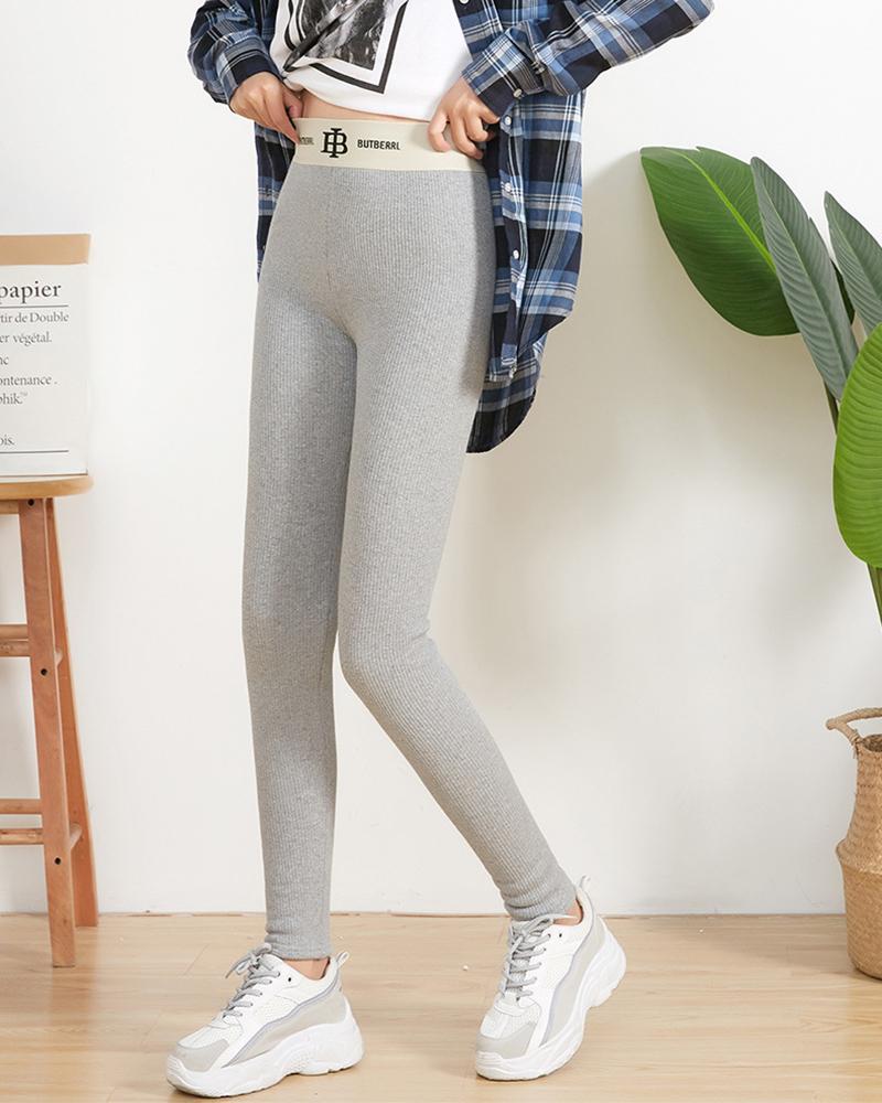 

Fleece Lined High Waist Letter Embroidery Thermal Warm Leggings, Gray