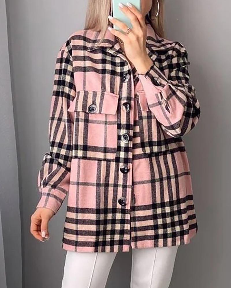 

Long Sleeve Plaid Print Pocket Button Design Shacket, Pink