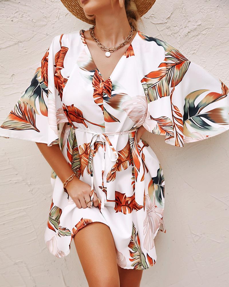 

Tropical Print Tie Front Asymmetrical Dress, Multicolor