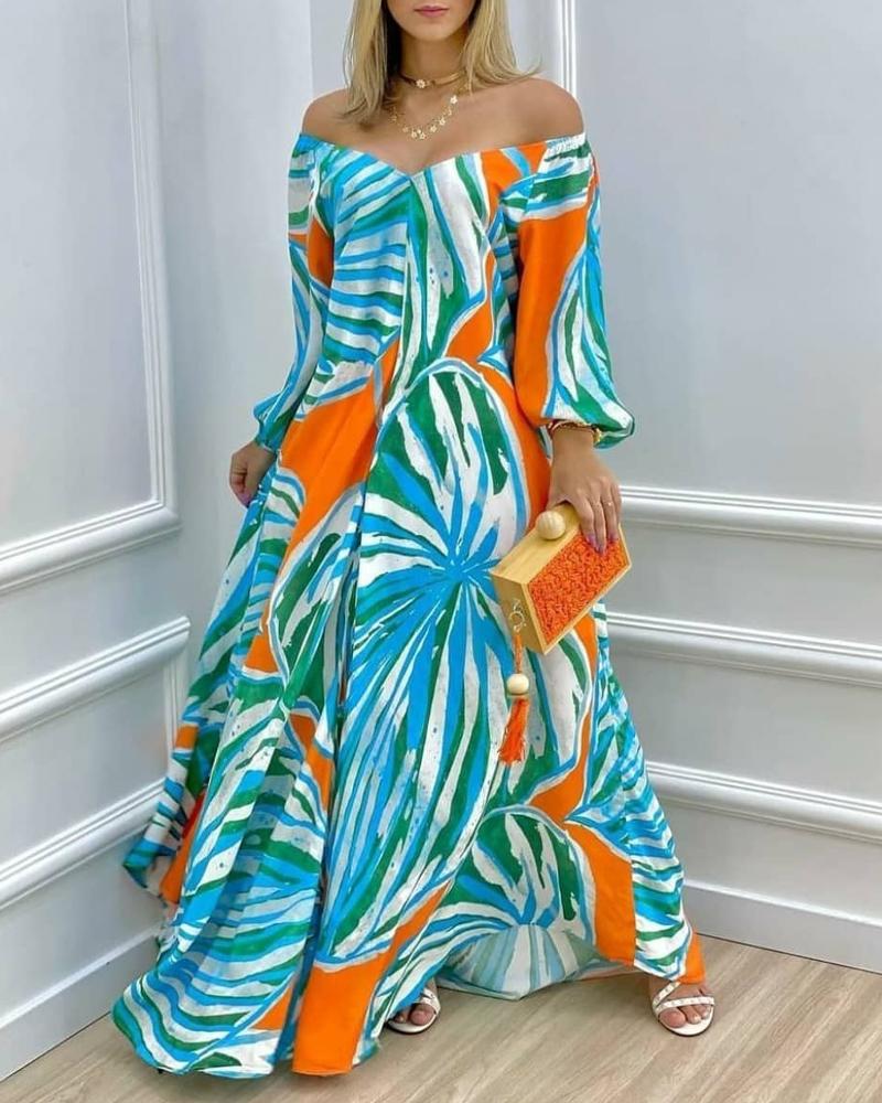 

Allover Print Off Shoulder Maxi Dress, Blue