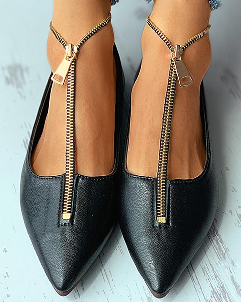 

Zipper Design Pointed Toe Casual Shoes, Black