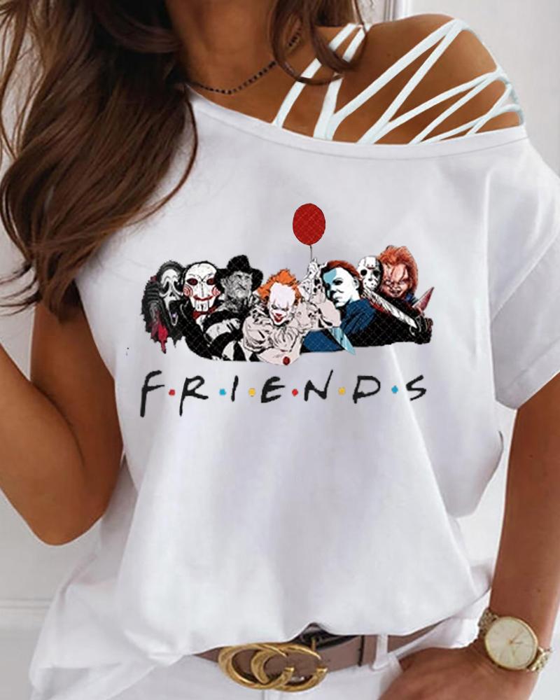 

Halloween Letter Figure Print Cold Shoulder Top, White