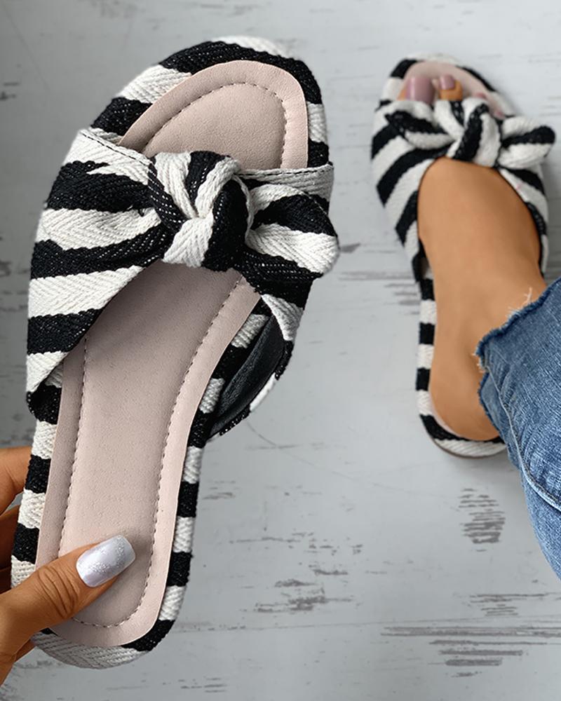 

Ditsy Floral Print Striped Colorblock Bowknot Sliders, Black&white