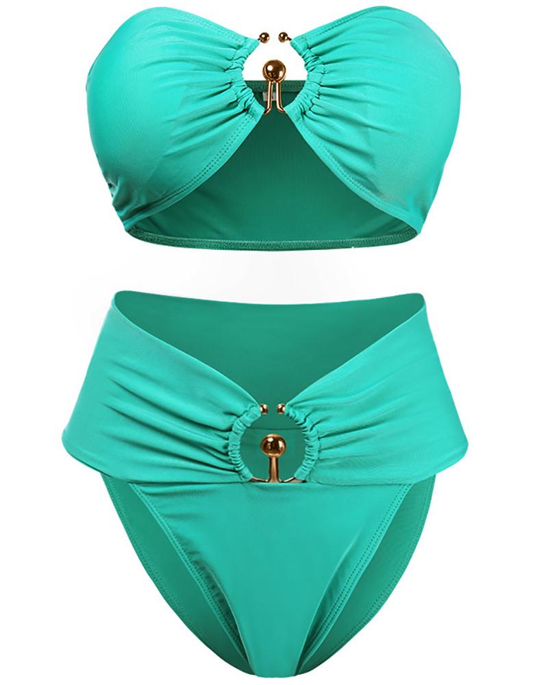 

Sleeveless Bandeau Ruched Bikini Set, Green