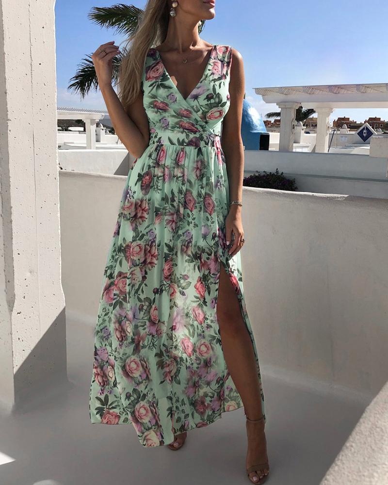

Floral Print V Neck High Slit Maxi Beach Dress, Green