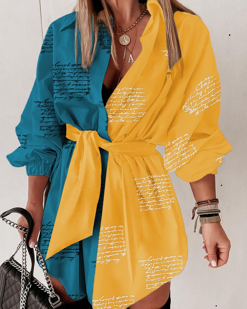 

Letter Print Colorblock Lantern Sleeve Shirt Dress With Belt, Turquoise blue