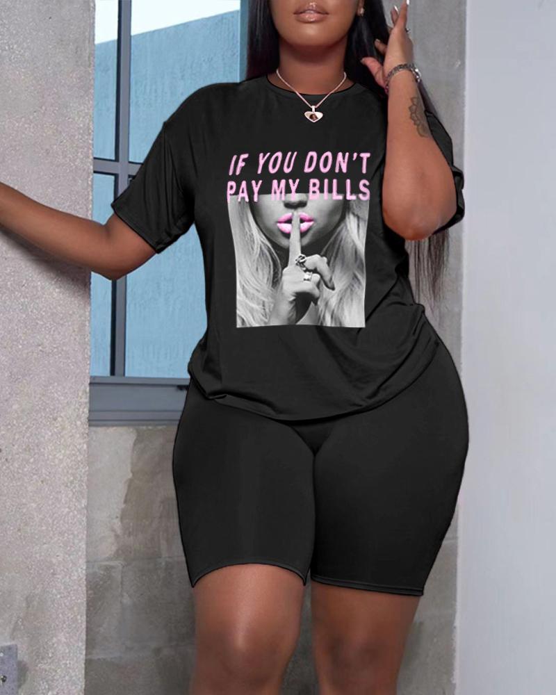 

Slogan Letter Print Casual Top & Shorts Set, Black