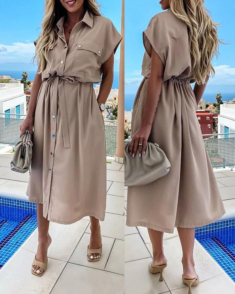 

Button Pocket Design Slit Shirt Dress, Khaki