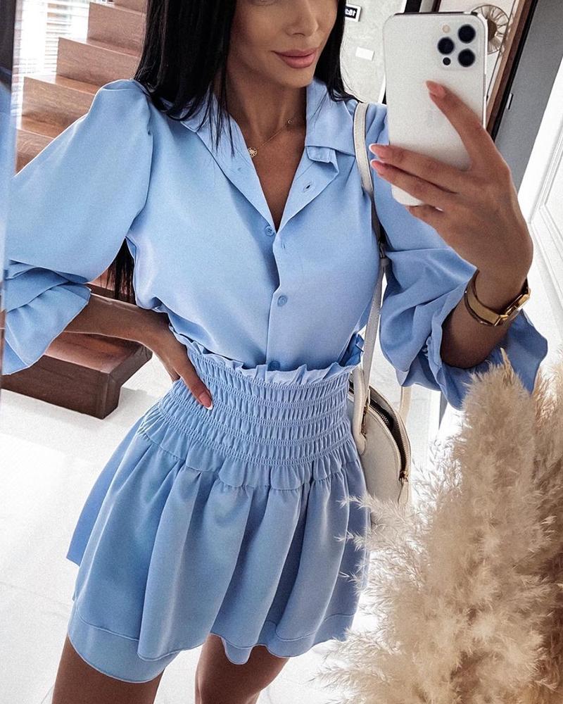 

Puff Bell Sleeve Button Up Top & Frill Trim Shirred Skirt Set, Blue