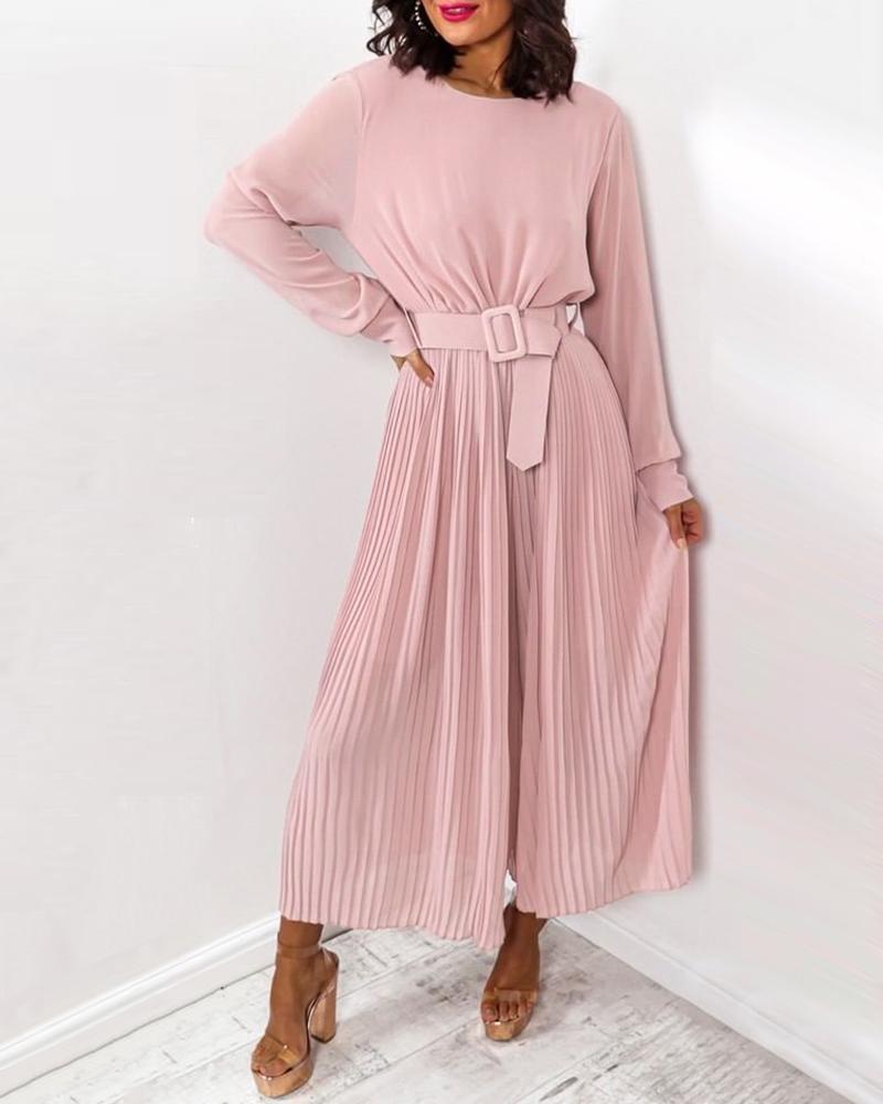 

V-Neck Long Sleeve Flowy Belted Jumpsuit, Pink