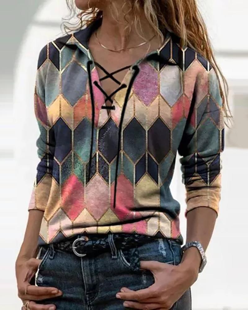 

Geo Print Colorblock Lace Up T-shirt, Pink