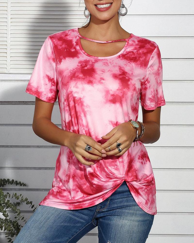 

Tie Dye Print Cut Out Design Casual T-shirt, Red