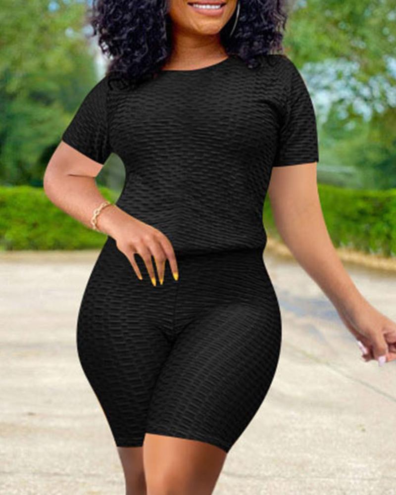 

Bubble Textured Short Sleeve Butt Lifting Active Sets, Black