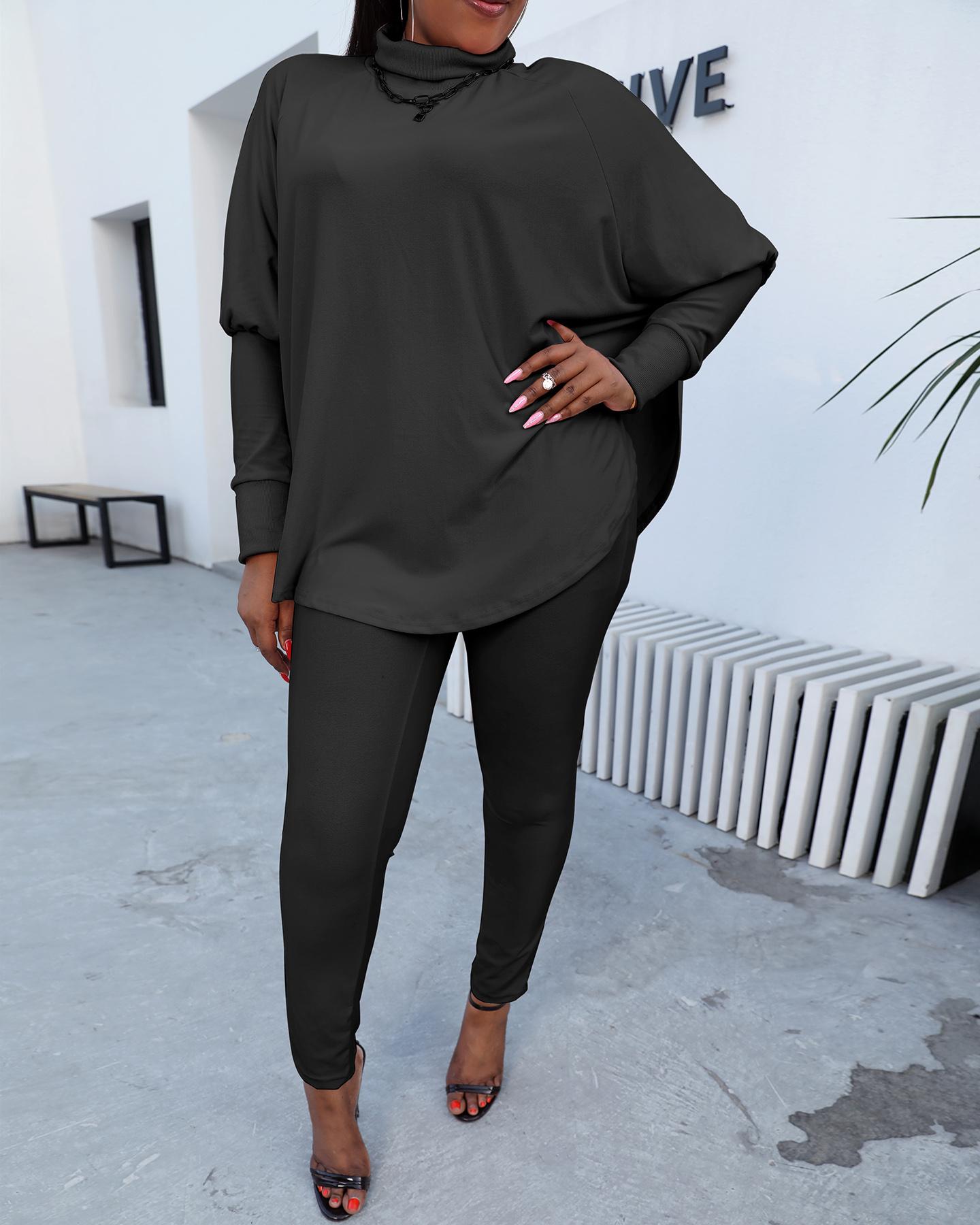 

High Neck Slit Top & Pants Set, Black