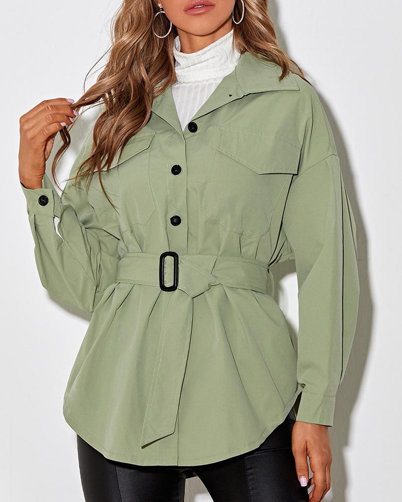 

Long Sleeve Button Design Trench Coat With Belt, Green
