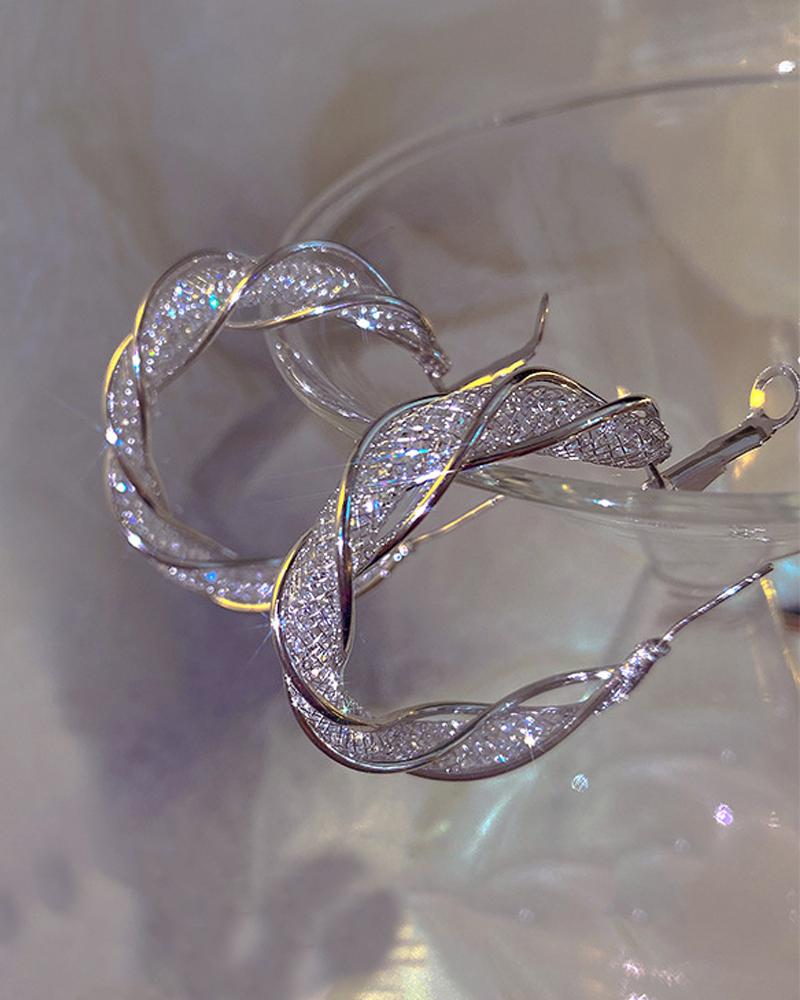 

1Pair Rhinestone Twisted Hoop Earrings, Silver