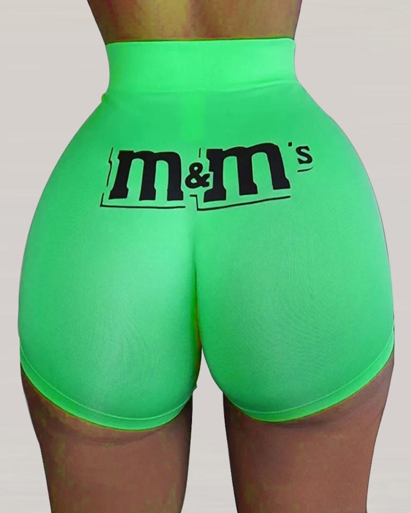 

Letter Print High Waist Casual Shorts, Green