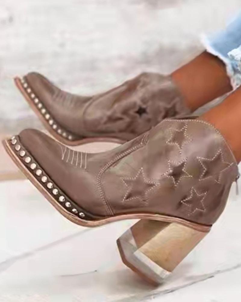 

Studded Star Pattern Chunky Boots, Khaki