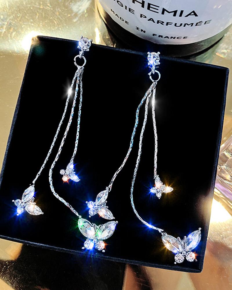 

1Pair Butterfly Pattern Rhinestone Decor Drop Earrings, Silver