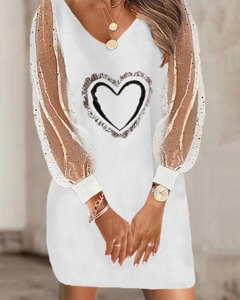 

Valentine's Day Heart Print Lantern Sleeve Sheer Mesh Casual Dress, Style2