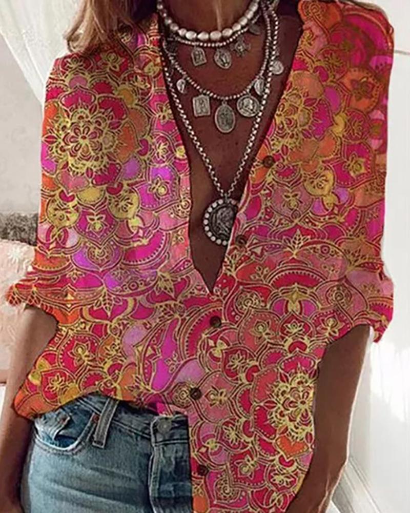 

Floral Pattern Print Button Design Shirt, Pink