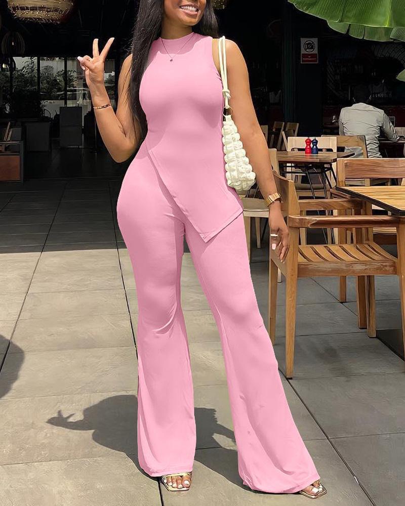 

Asymmetrical Tank Top & Bootcut Slit Pants Set, Pink