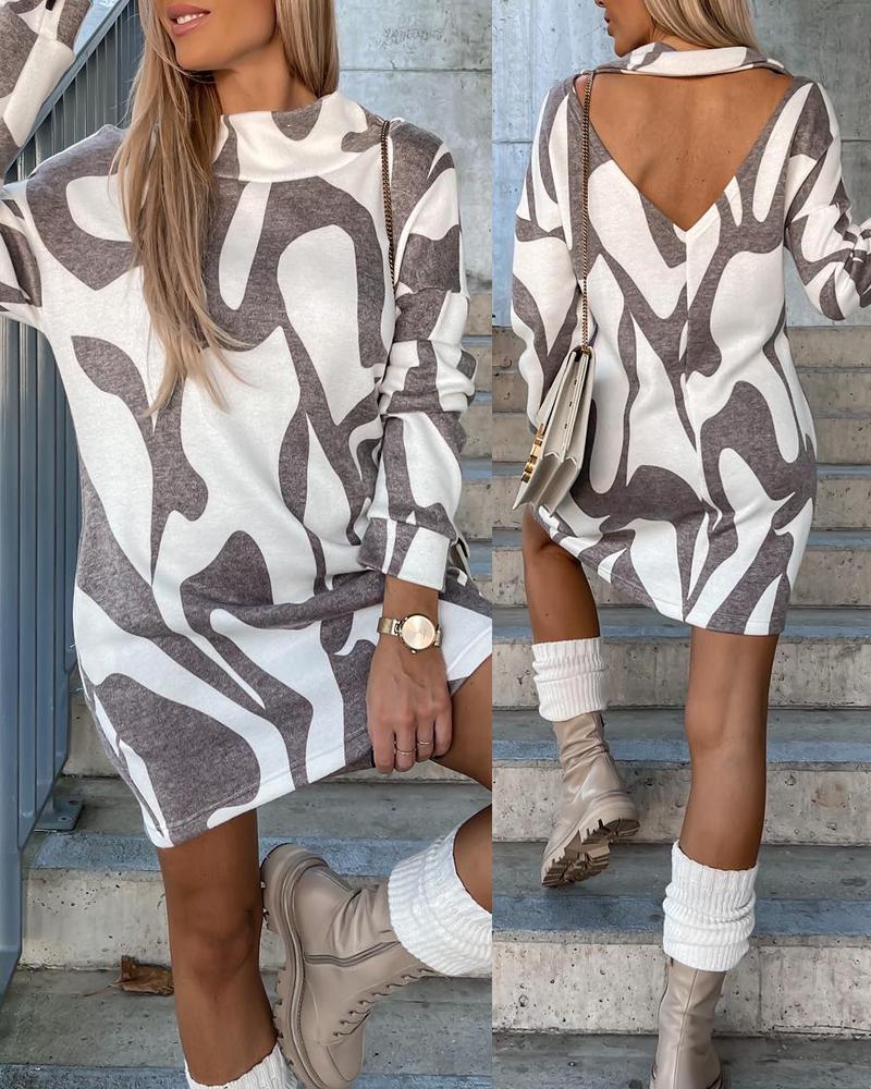 

Abstract Print Open Back Long Sleeve Dress, Apricot