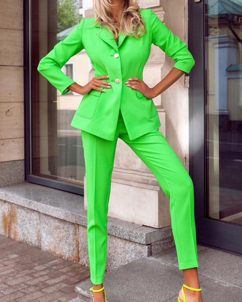 

Long Sleeve Double Button Blazer & Tailored Pants Set, Green
